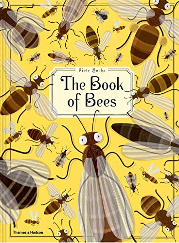 Book cover with a yellow background featuring many illustrated bees surrounding a central title.