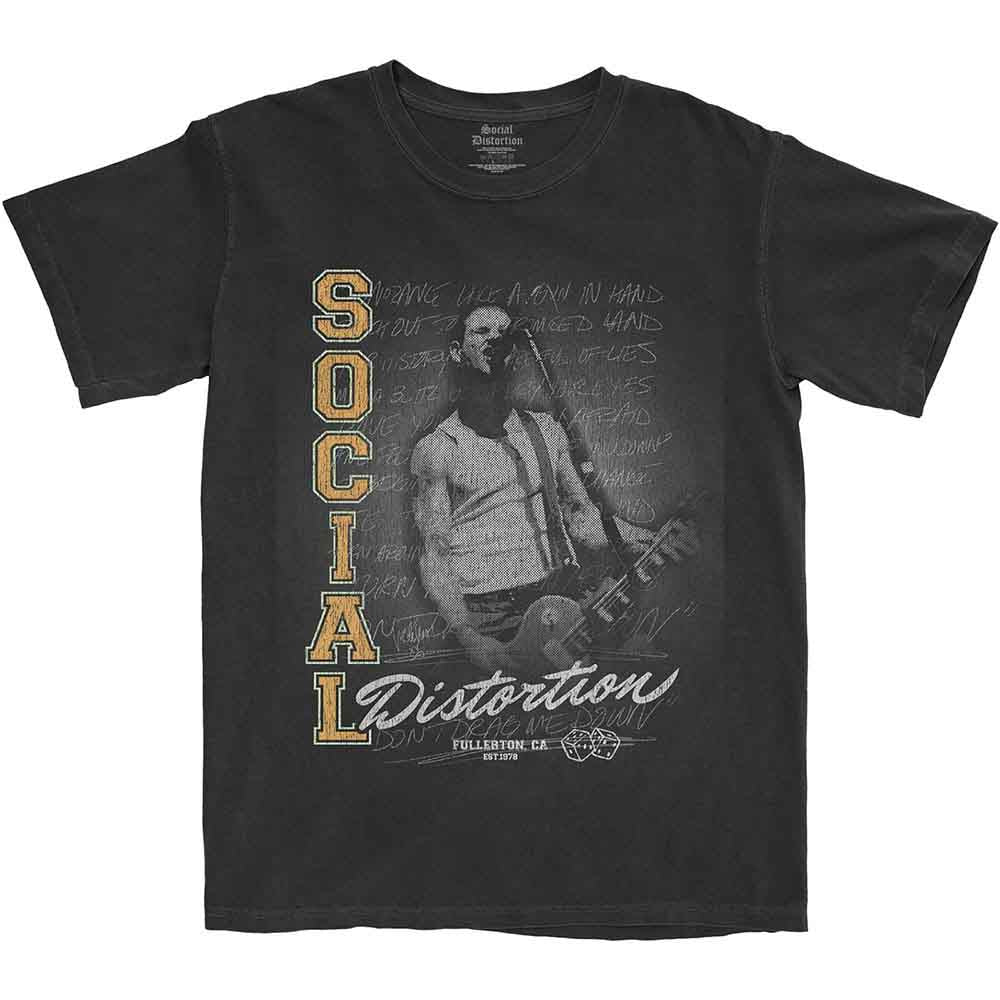A man wearing a black Social Distortion band t-shirt with a graphic print.