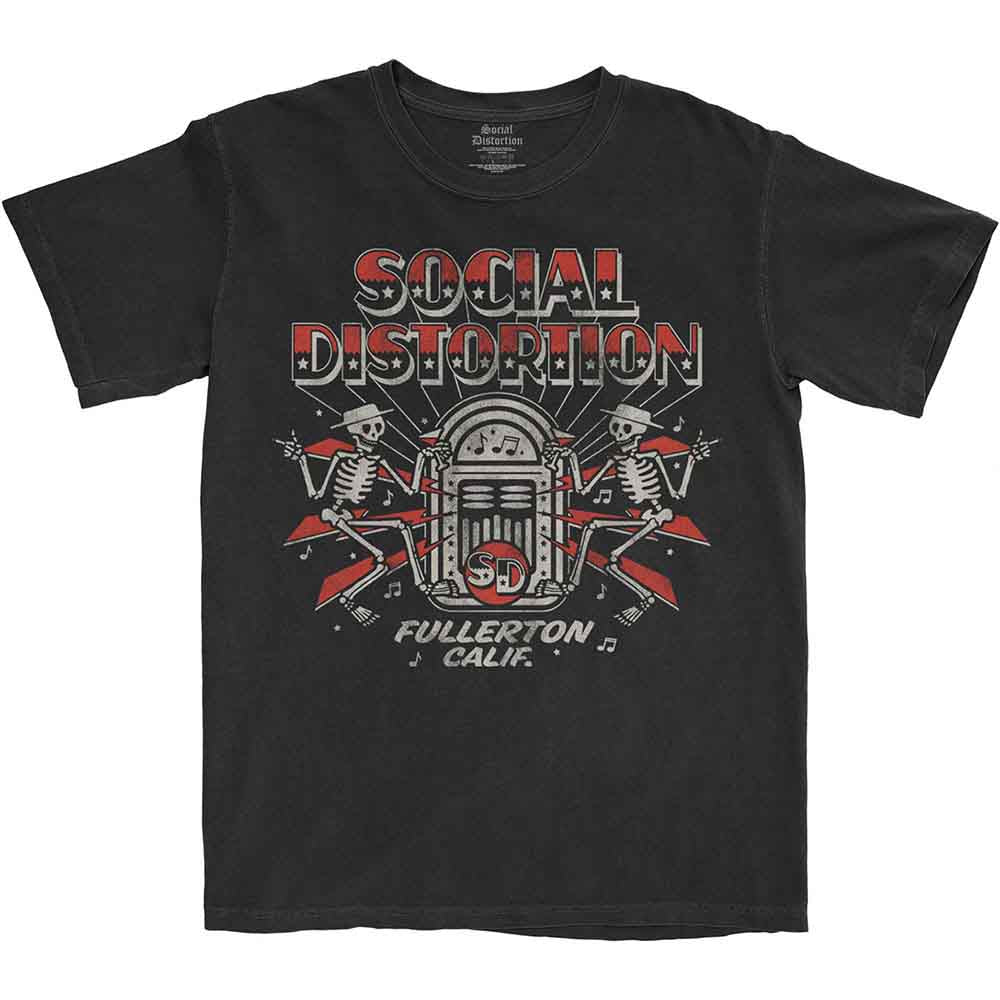 Black Social Distortion t-shirt featuring a jukebox graphic with two skeletons and text.