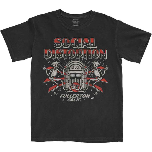 Black Social Distortion t-shirt featuring a jukebox graphic with two skeletons and text.