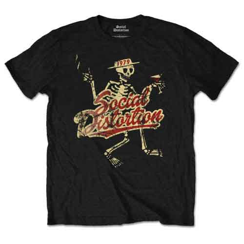 Black t-shirt featuring a skeleton in a hat, holding a cigarette and martini glass.