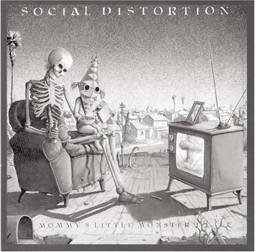 Black and white album cover featuring a skeleton and child with a vintage TV.