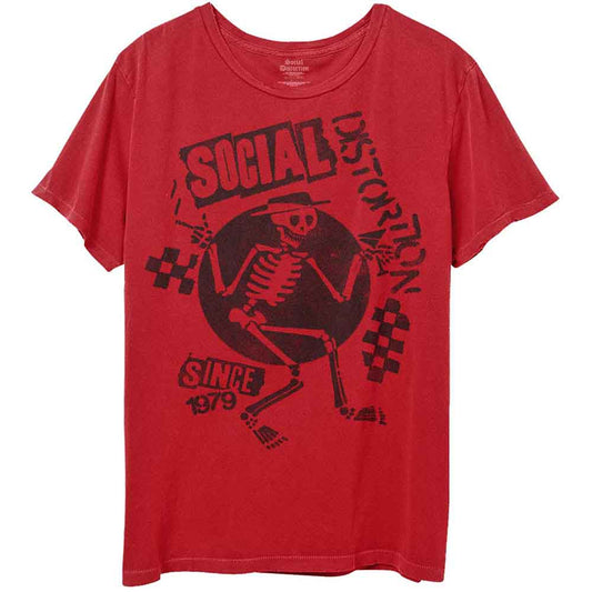 Red Social Distortion t-shirt with skeleton graphic and checkerboard details.