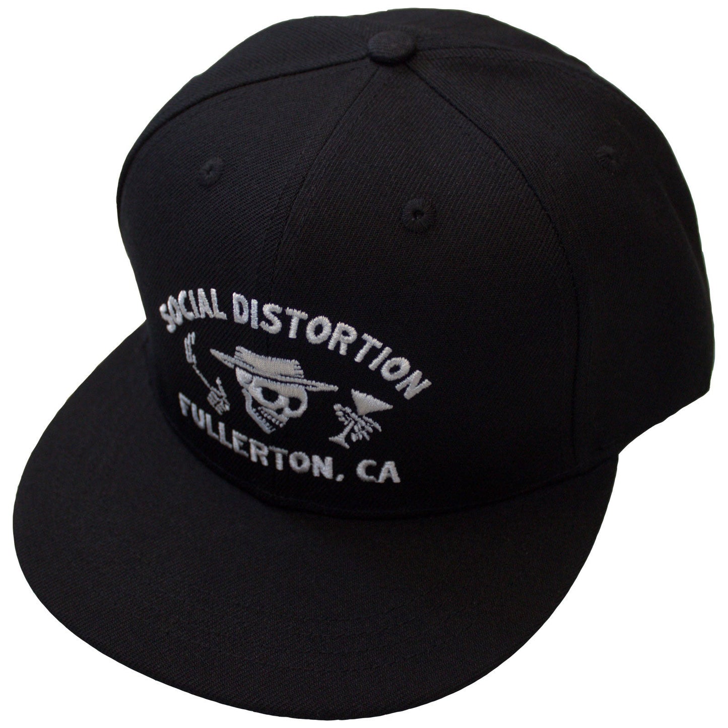 Black snapback cap with Social Distortion's Fullerton Skelly logo.