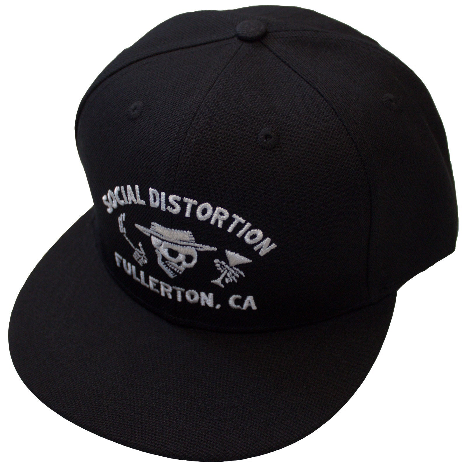 Black snapback cap with Social Distortion's Fullerton Skelly logo.