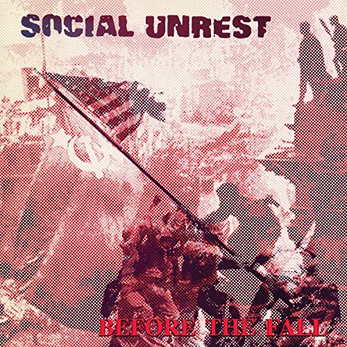 Red halftone album cover with figures and a falling flag.