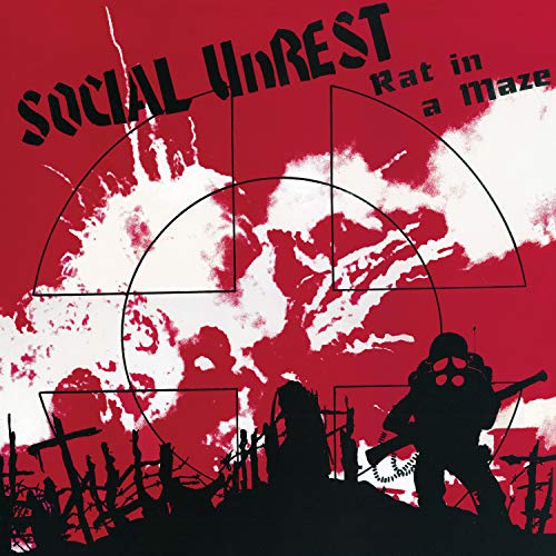 Red album cover with silhouetted figures and target graphic, titled "Social Unrest - Rat in a Maze".