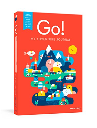 Red travel journal with colorful illustrated mountains, animals, and vehicles.
