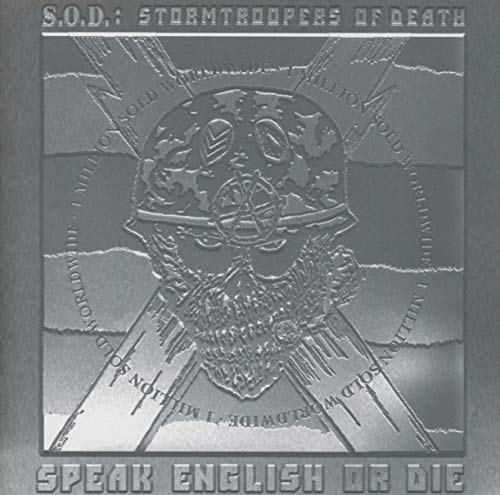 Silver CD cover with skull wearing military helmet, text “Speak English or Die”.