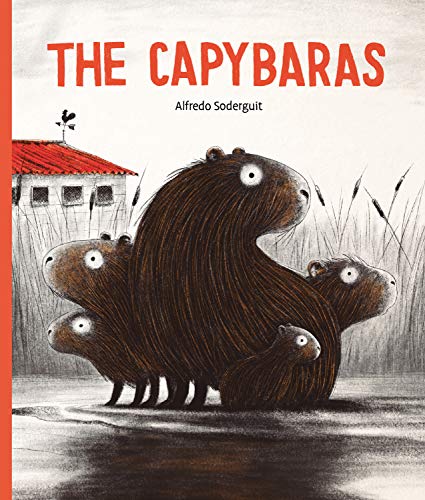 Book cover featuring illustrated capybaras near a building and reeds.