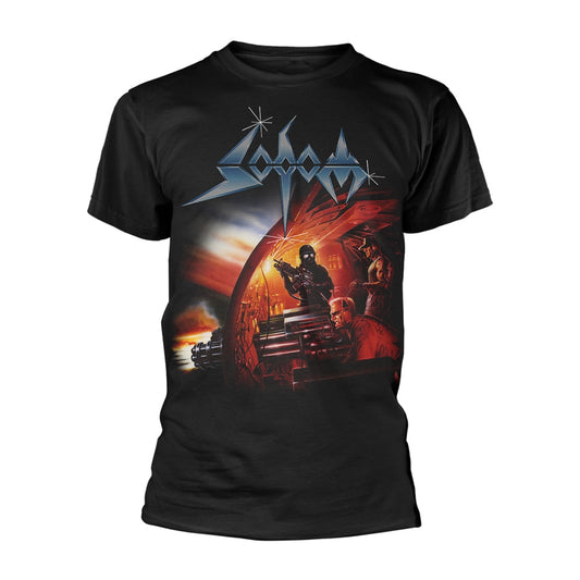 Black t-shirt with a graphic of soldiers and the band "SODOM" logo.