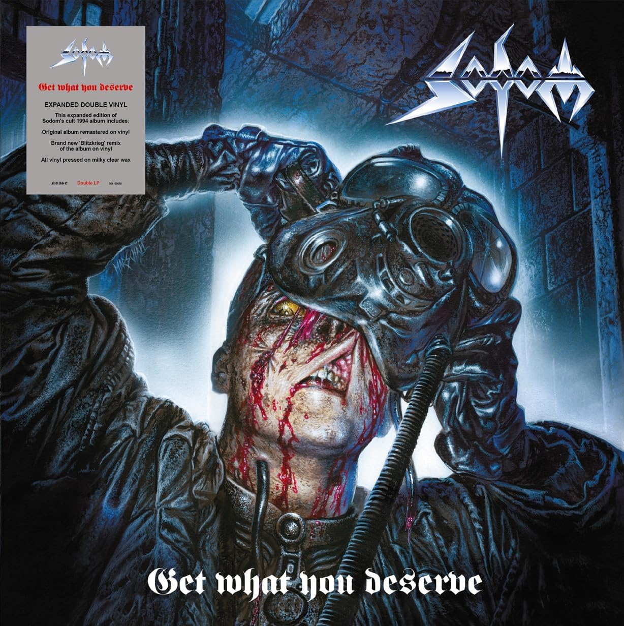 Sodom album cover: dystopian art with a figure in a gas mask.