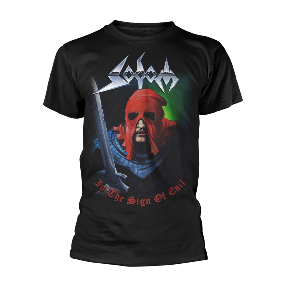 Black t-shirt with a graphic of a hooded figure and band logo.