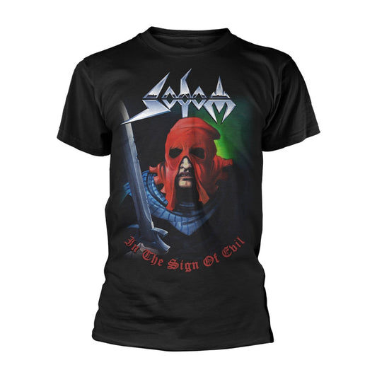 Black t-shirt with a graphic of a hooded figure and band logo.