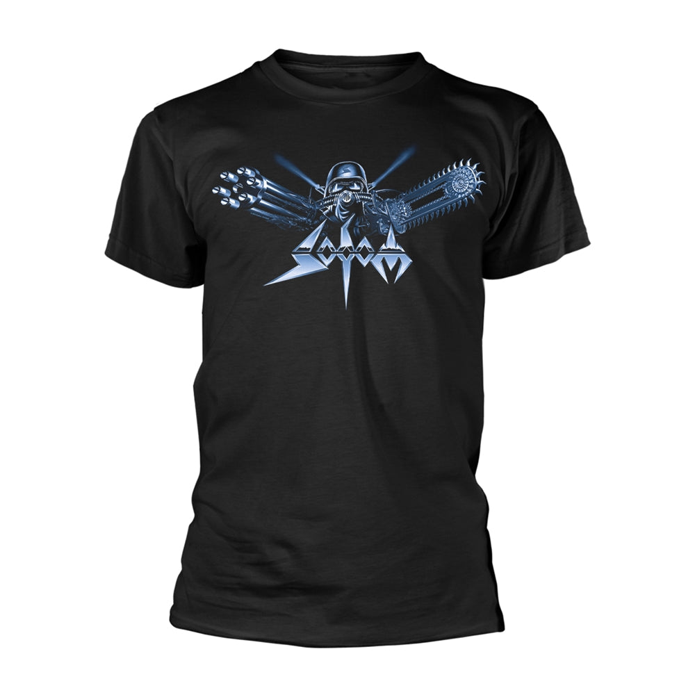 Black t-shirt with a silver skull and guitar graphic, “SODOM” text.
