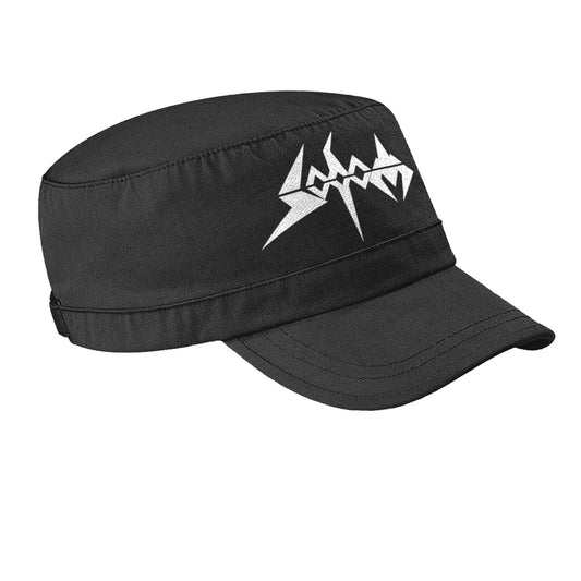 Black military-style cap featuring a white embroidered Sodom band logo on the front.