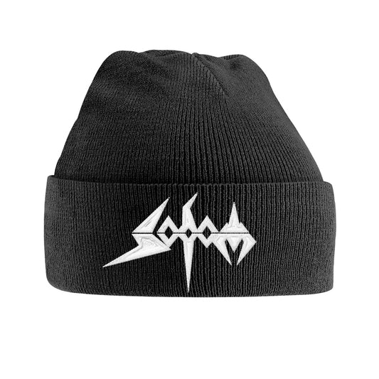 Black knit beanie with a white, jagged “SODOM” logo on the front.
