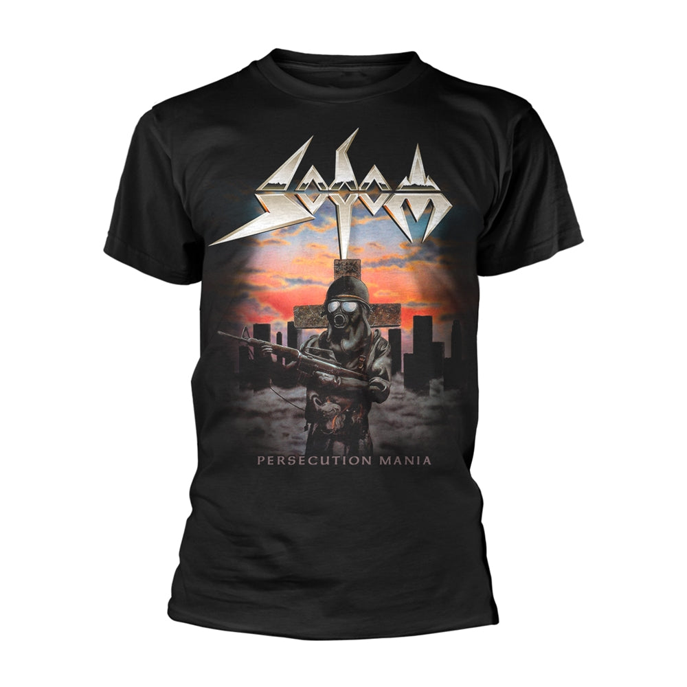 Black t-shirt featuring the Sodom Persecution Mania album cover art with a gas-masked soldier.