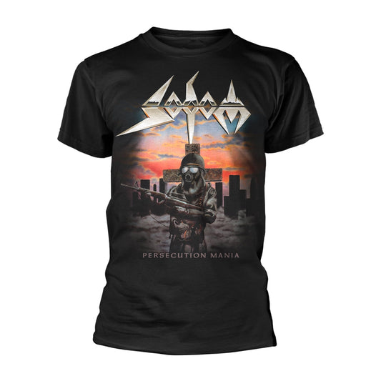 Black t-shirt featuring the Sodom Persecution Mania album cover art with a gas-masked soldier.