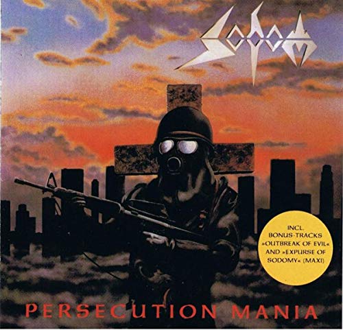 CD cover: soldier with gas mask, cross, city, and "Persecution Mania" text.