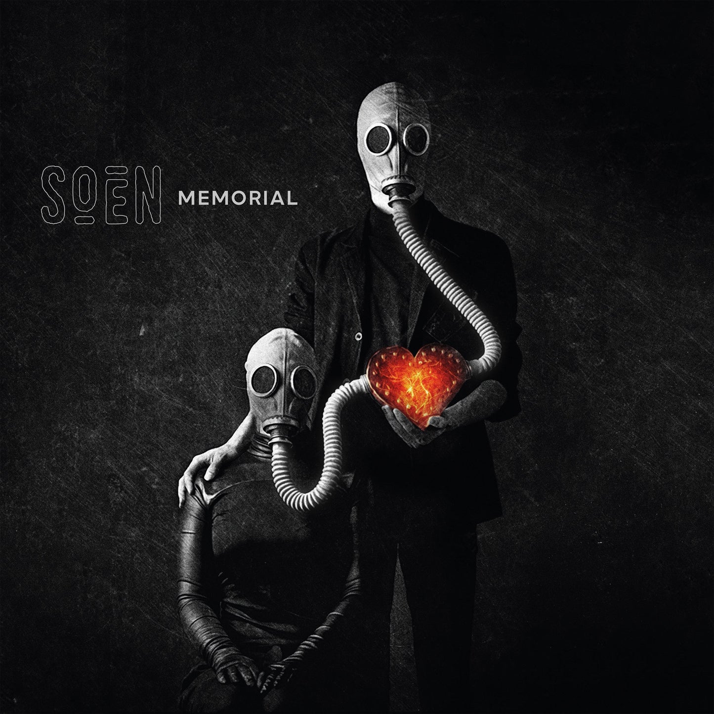 Two figures in gas masks connected by a glowing red heart against black background.