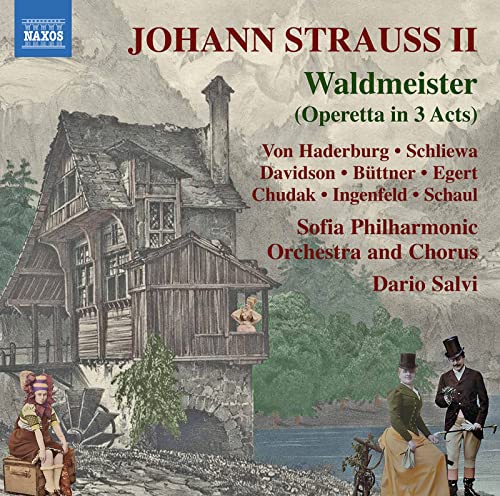 CD cover for Johann Strauss II’s “Waldmeister” featuring a building and figures.