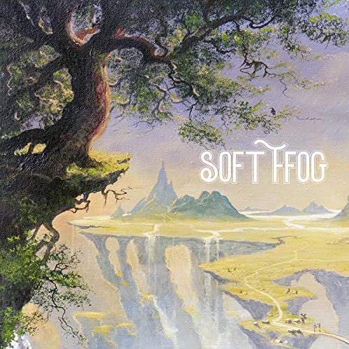 Painted landscape with a large tree and distant mountains, album cover.