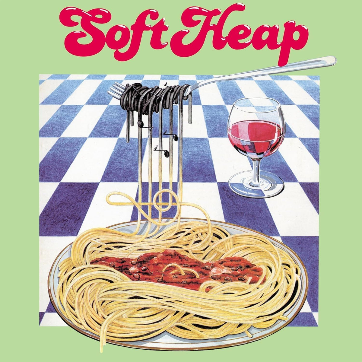 Album cover with spaghetti, wine glass, and checkered tablecloth illustration.