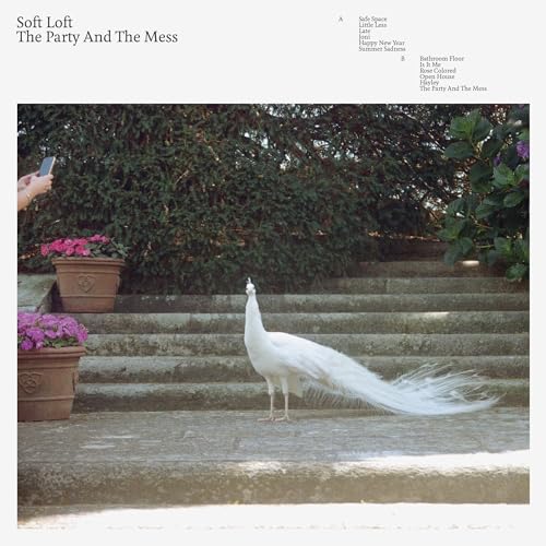 A white peacock stands on stone steps near potted flowers with text above.
