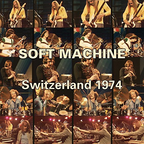 A collage of concert photos featuring the band Soft Machine performing live in 1974.