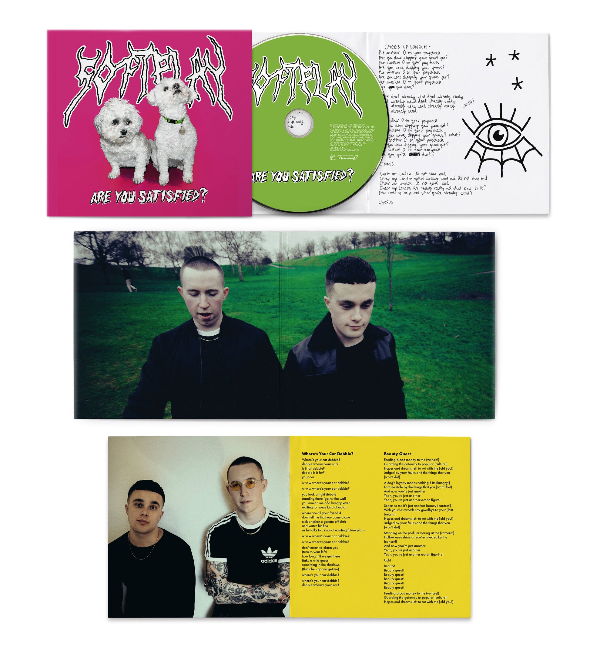 CD case with pink cover, dog image, and band members pictured.