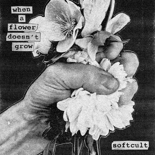 Black and white image of flowers held in a hand, text overlay.