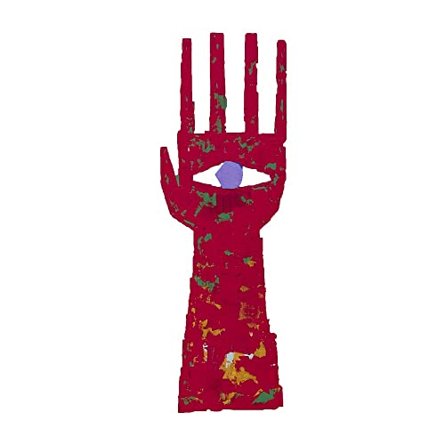 Red hand with an eye in the palm, abstract art vinyl album cover.