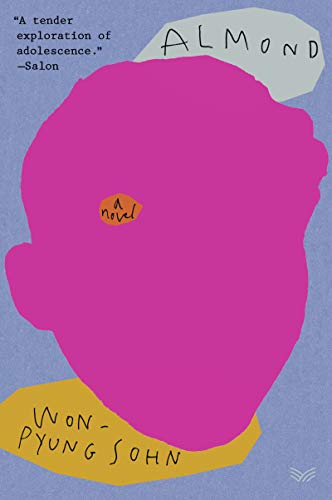 Book cover for “Almond” with abstract pink shape and yellow text.