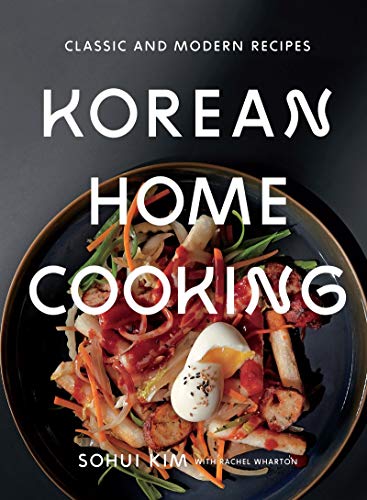 Cookbook cover featuring Korean food, large white text, and a dark background.