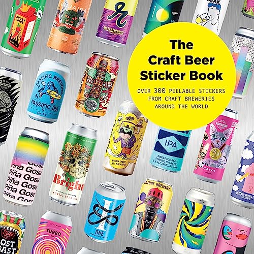 Colorful craft beer can stickers arranged around a yellow book cover.