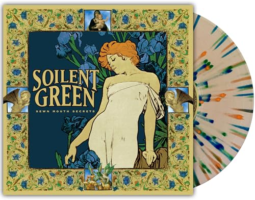 Vinyl record with a colorful splatter disc and art nouveau style album cover.