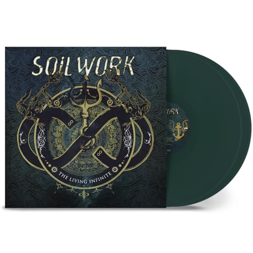 Soilwork The Living Infinite album cover art next to a dark green vinyl record.