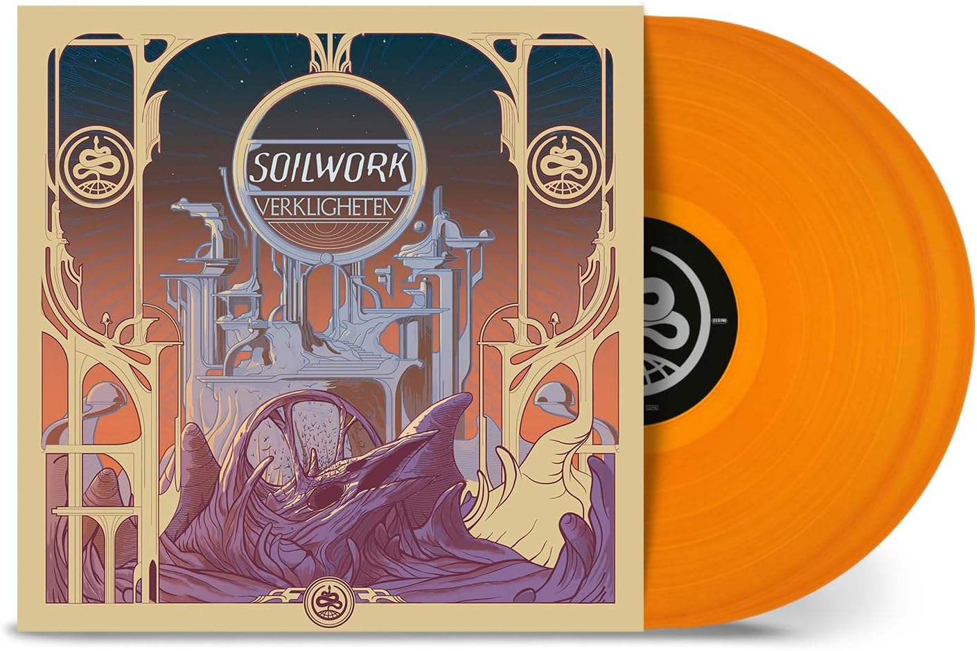 Soilwork’s “Verkligheten” vinyl record, orange disc with ornate cover art.