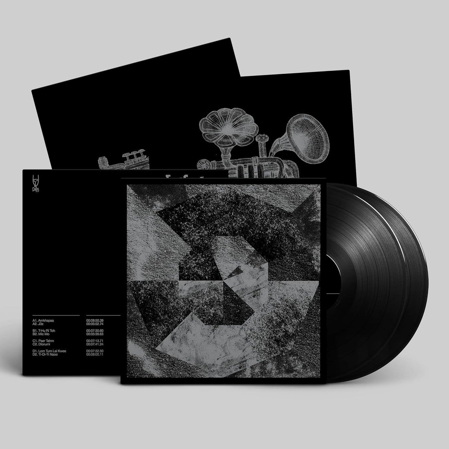 Black vinyl record with illustrated cover featuring gramophones and abstract shapes.