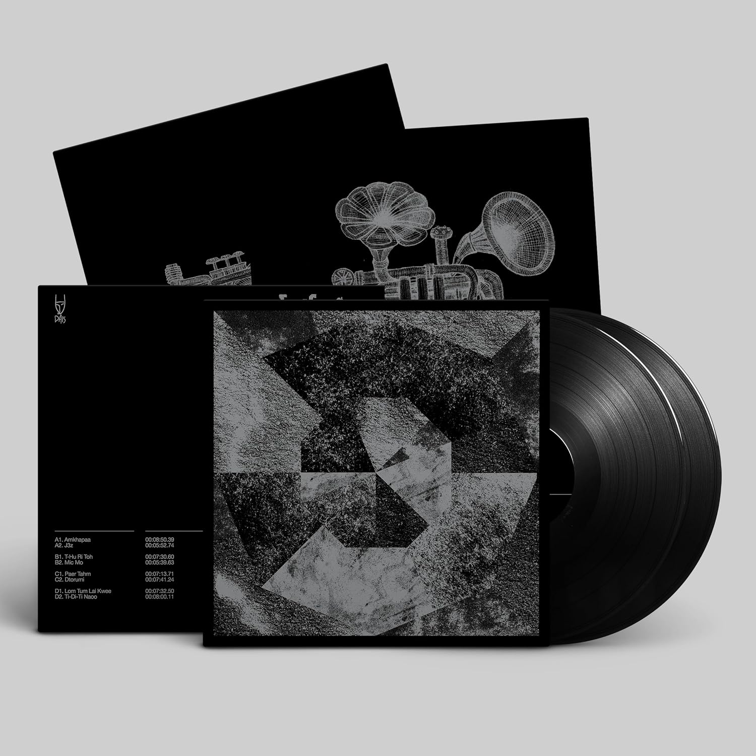 Black vinyl record with illustrated cover featuring gramophones and abstract shapes.