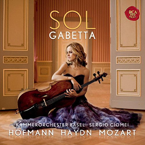 Sol Gabetta playing cello, album cover for Haydn/Hofmann/Mozart concertos.