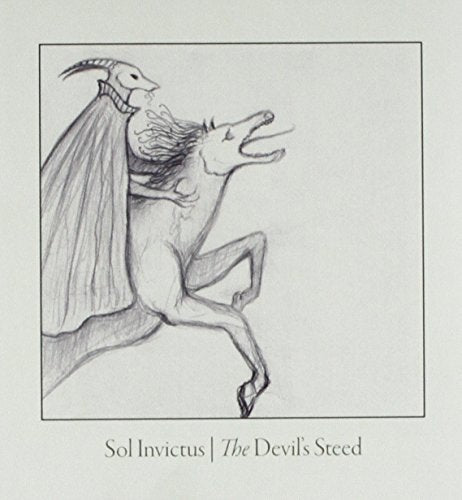 Pencil sketch of a horned figure riding a rearing horse.