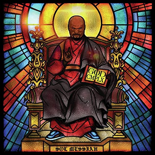 Sol Messiah album cover: man on throne in stained-glass style.