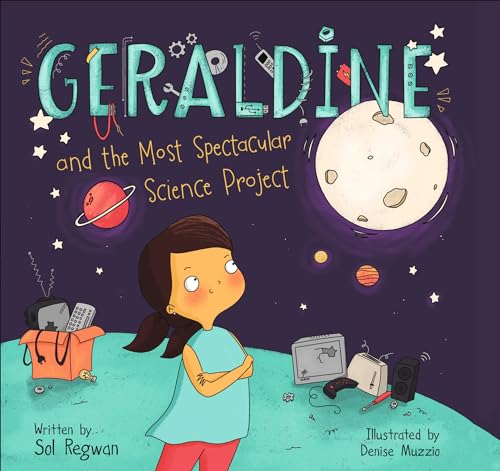 Book cover: girl with science project amidst planets and stars.