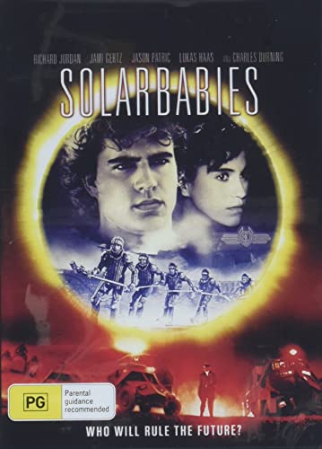 Solarbabies" DVD cover featuring two young men and a dystopian, futuristic scene.