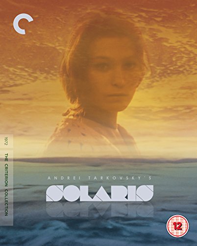 The image depicts a blu-ray cover for the film Solaris, featuring a woman's face superimposed over a body of water.