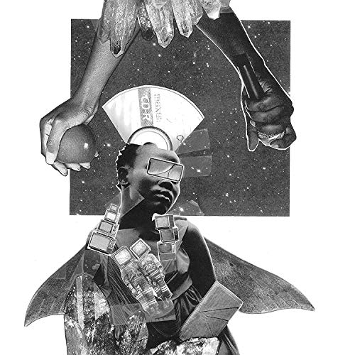 Black and white collage featuring a person with sunglasses and fragmented images.