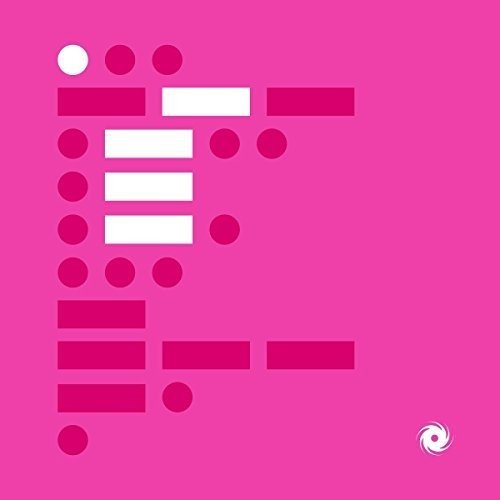 A pink album cover with geometric shapes and a white spiral logo.