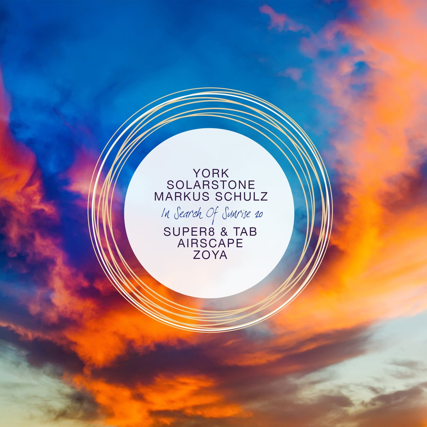 Album cover with a sunset sky background and a central circle containing artist names.